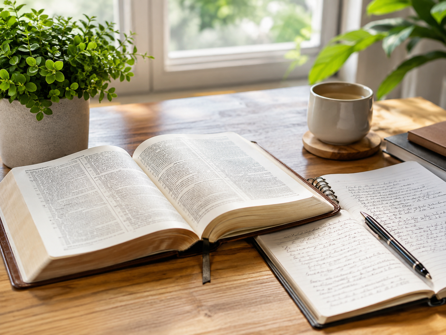 Open Bible and journal at a cozy study desk by the window
