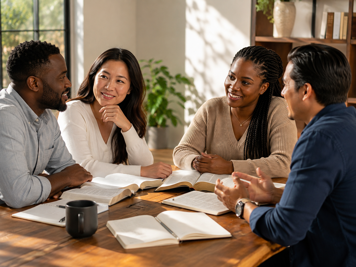 Warm group gathered around a table for Bible study